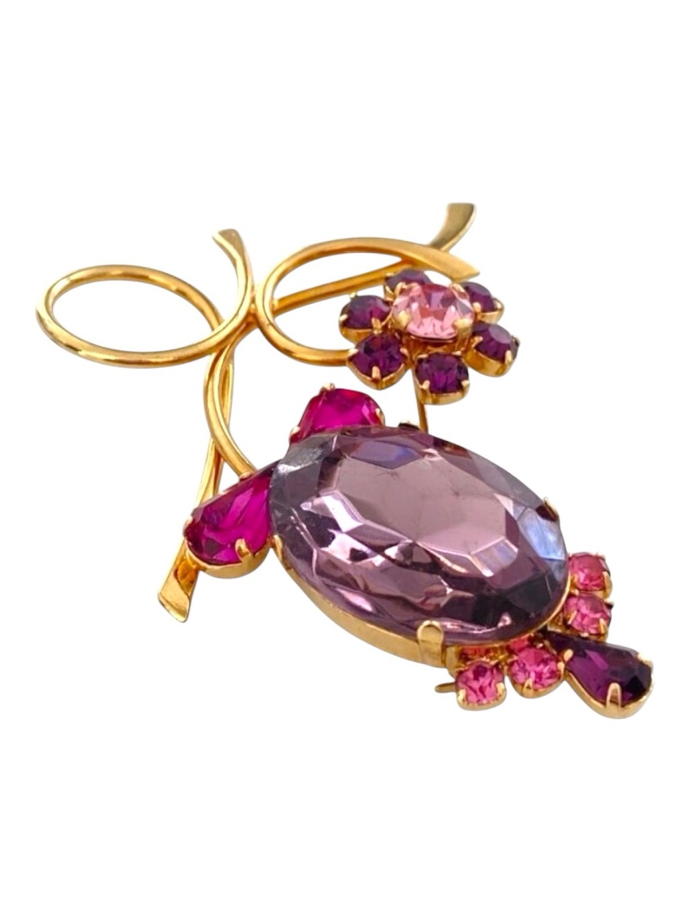 Vintage Gold-Tone Floral Brooch With Purple & Pink Rhinestones flowers VTG glass